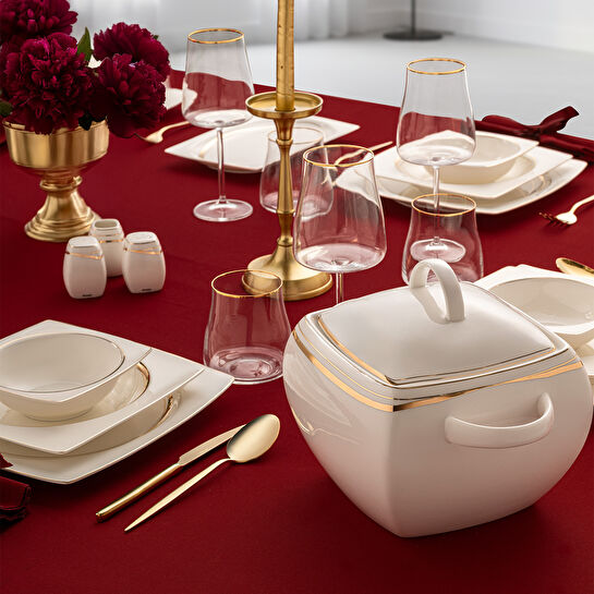 Emsan Fine Bone Hale 60 Parça 12 Kişilik Kare Yemek Takımı Gold