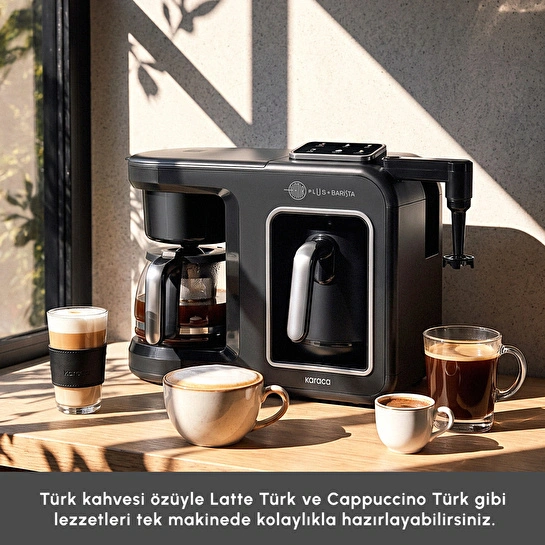 Karaca Hatır Plus Barista 6 in 1 Latte Cappuccino ve Közde Türk Kahve Makinesi Black Silver