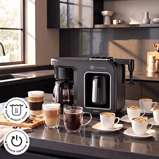 Karaca Hatır Plus Barista 6 in 1 Latte Cappuccino ve Közde Türk Kahve Makinesi Black Silver