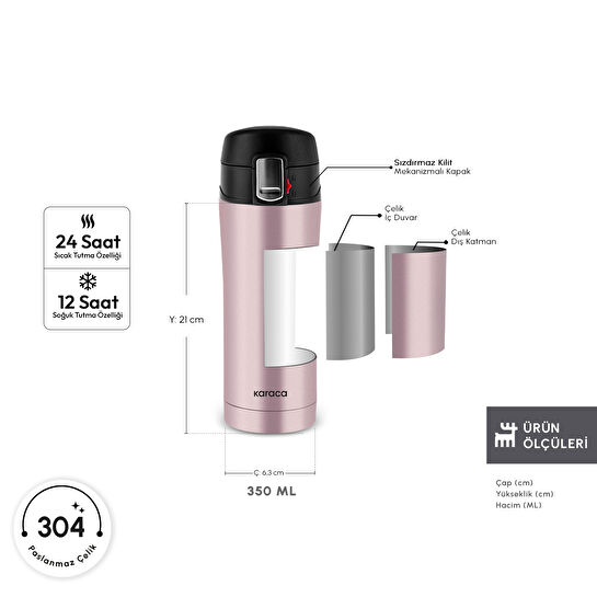 Karaca Pluton Çelik Sızdırmaz Termos Rose Gold 350 ml
