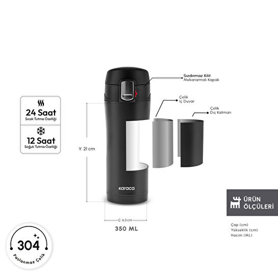 Karaca Pluton Çelik Sızdırmaz Termos Siyah 350 ml