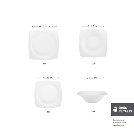 Karaca Square Bone Mensa 24 Parça 6 Kişilik Yemek Takımı Beyaz