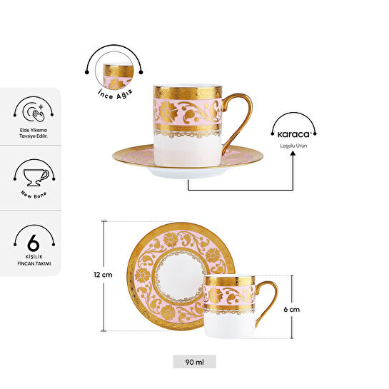 Karaca Gülfem 6 Kişilik Kahve Fincan Takımı Pembe 90 ml