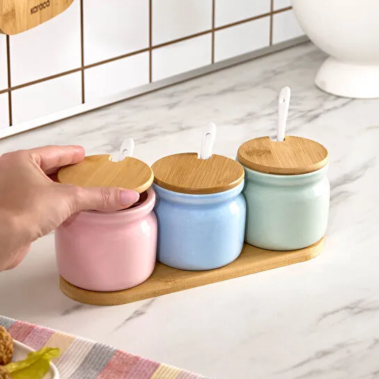 Karaca Portobello Bambu Kapaklı 3'lü Tepsili Kaşıklı Baharat Takımı