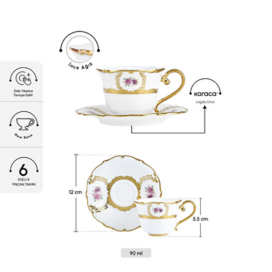 Karaca Royal Bone Elizabeth 6 Kişilik Kahve Fincan Takımı 90 Ml