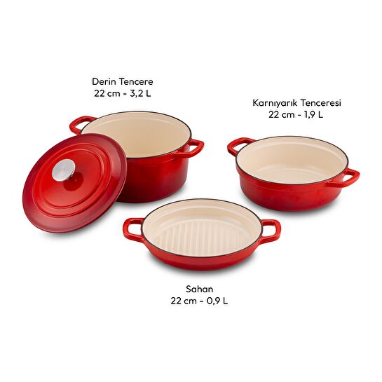Emsan Fortino Cast Döküm Tencere Seti Kırmızı 4 Parça 22 cm