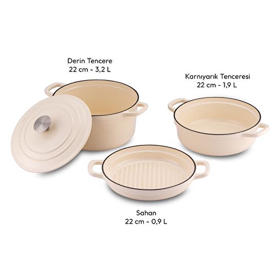 Emsan Fortino Cast Döküm Tencere Seti Krem 4 Parça 22 cm