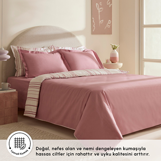 Karaca Home Cool Stripe Çift Kişilik Nevresim Takımı Gül Kurusu