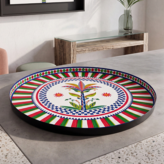 Baci Milano Dolce Vita Palm Desenli Metal Yuvarlak Tepsi 45cm