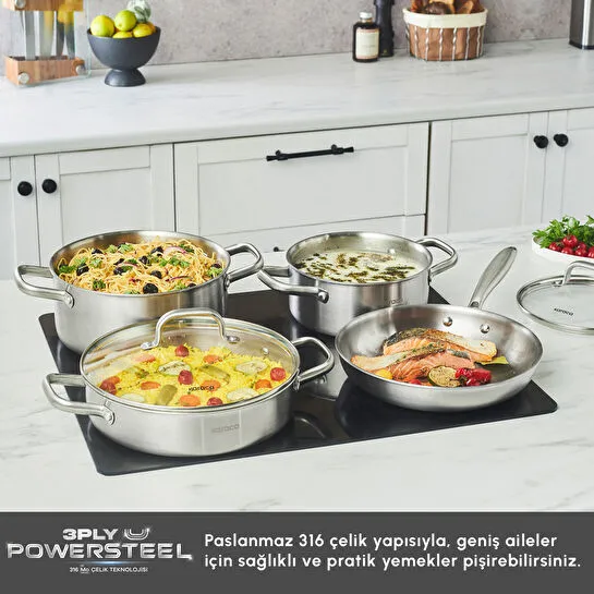 Karaca Power Steel 316+ 3Ply Akita İndüksiyon Tabanlı 7 Parça Çelik Tencere ve Tava Seti