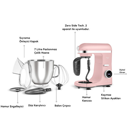 Karaca Mastermaid Chef Ultra D2000W Dijital Ekranlı Hamur Yoğurma Makinesi Pearly Pink 7L