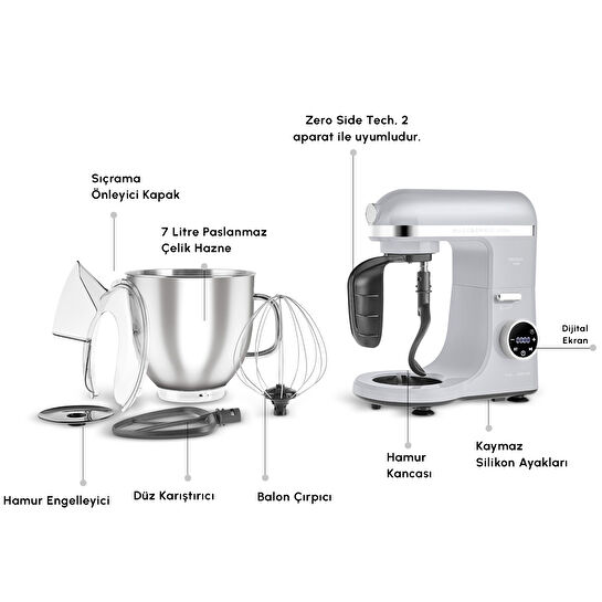 Karaca Mastermaid Chef Ultra D2000W Dijital Ekranlı Hamur Yoğurma Makinesi Silver 7L