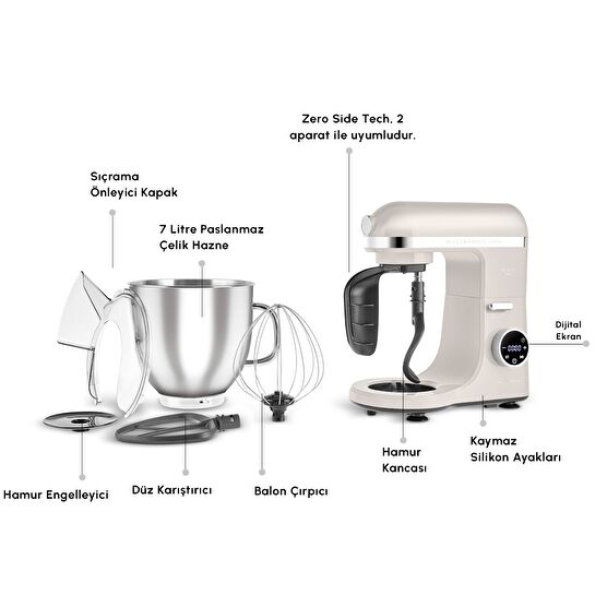 Karaca Mastermaid Chef Ultra D2000W Dijital Ekranlı Hamur Yoğurma Makinesi Starlight 7L
