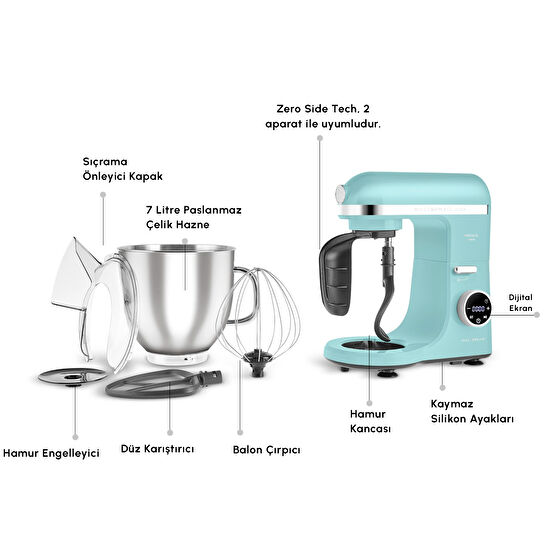 Karaca Mastermaid Chef Ultra D2000W Dijital Ekranlı Hamur Yoğurma Makinesi Tiffany 7L 