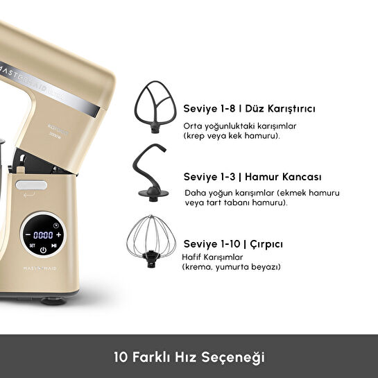 Karaca Mastermaid Chef Ultra D2000W Dijital Ekranlı Hamur Yoğurma Makinesi Mineral Gold 7L