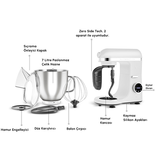 Karaca Mastermaid Chef Ultra D2000W Dijital Ekranlı Hamur Yoğurma Makinesi Matte White 7L