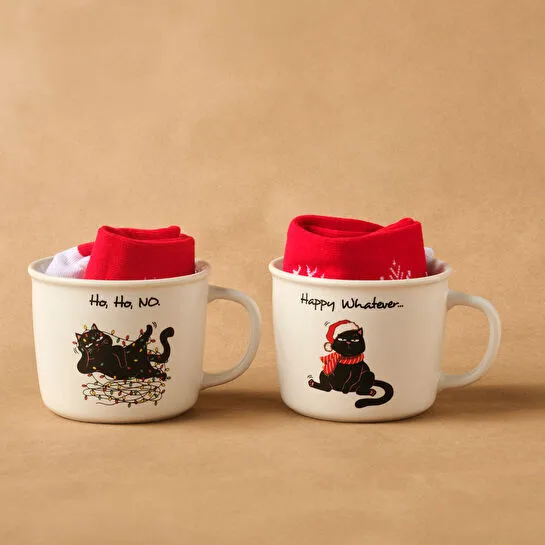 Karaca New Year Yılbaşı Grumpy Cat Çoraplı 2 Kişilik Kupa Seti 350 ml