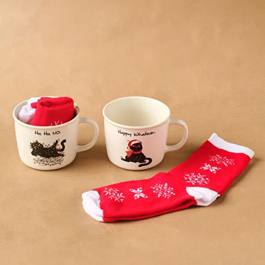 Karaca New Year Yılbaşı Grumpy Cat Çoraplı 2 Kişilik Kupa Seti 350 ml