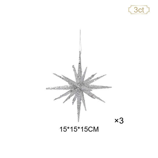 Karaca Home New Year Yılbaşı Glitter Star 3 Adet Ağaç Süsü Seti Silver 15x15x15 cm