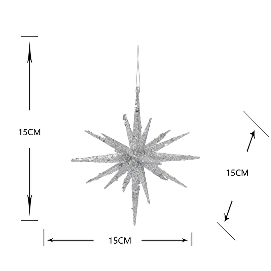 Karaca Home New Year Yılbaşı Glitter Star 3 Adet Ağaç Süsü Seti Silver 15x15x15 cm