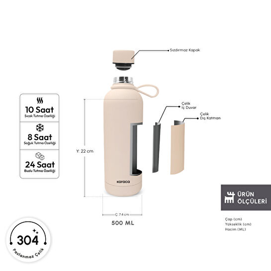 Karaca Aly Soft Touch Çelik Sızdırmaz Termos 500 ml Taş