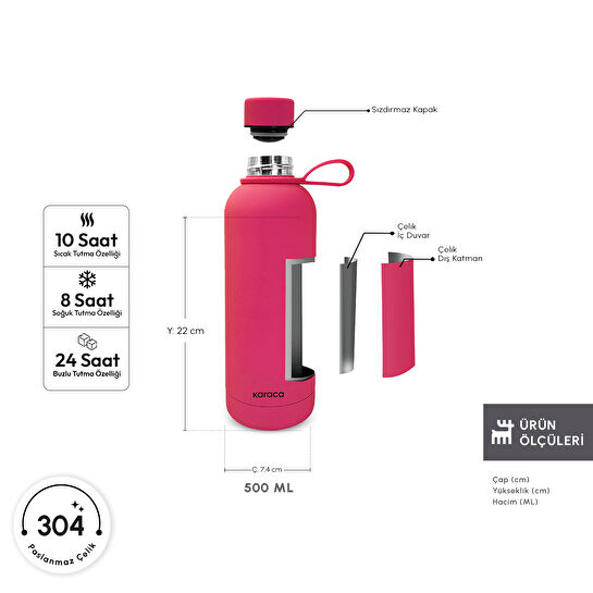 Karaca Aly Soft Touch Çelik Sızdırmaz Termos 500 ml Pembe