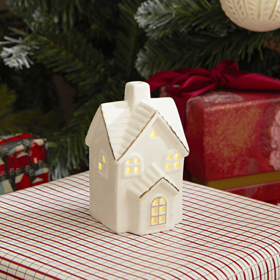 Karaca Home New Year Yılbaşı Ev Şekilli Ledli Dekoratif Obje Beyaz 8,7 x 7,8 x 14 cm