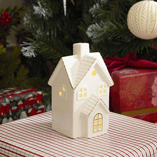 Karaca Home New Year Yılbaşı Ev Şekilli Ledli Dekoratif Obje Beyaz 6,3 x 6,2 x 10,7 cm