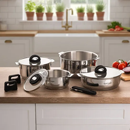 Emsan Steel Click 7 Parça Tencere Seti Açık Gri