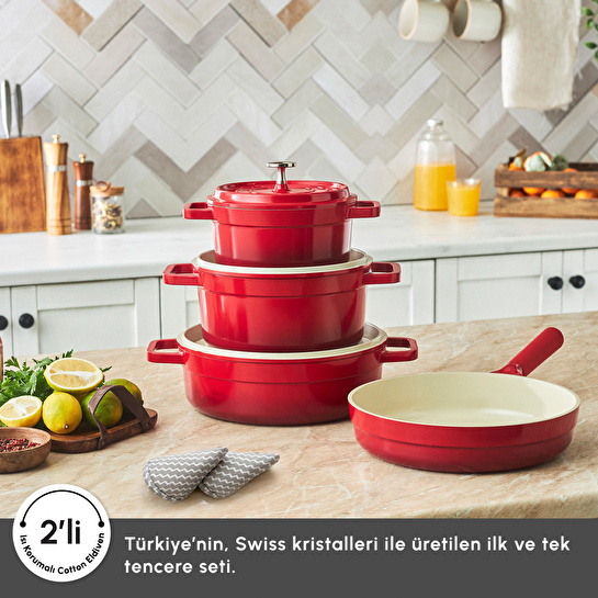 Karaca Swiss Crystal Neocast 7 Parça Döküm Tencere ve Tava Seti Kırmızı