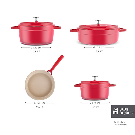 Karaca Swiss Crystal Neocast 7 Parça Döküm Tencere ve Tava Seti Kırmızı