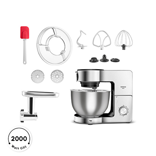 Karaca Multichef Ultra Inox Kıyma Çekme/Sucuk-Sosis/İçli Köfte Aparatlı Hamur Yoğurma Makinesi 2000W 8L