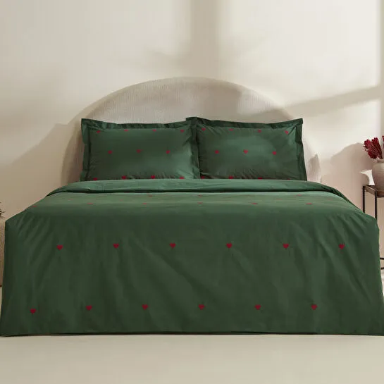 Karaca Home Amour Mio %100 Pamuk Çift Kişilik Nakışlı Nevresim Takımı Koyu Yeşil