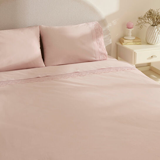 Karaca Home Teora %100 Pamuk Dantelli Çift Kişilik Nevresım Takımı Pudra