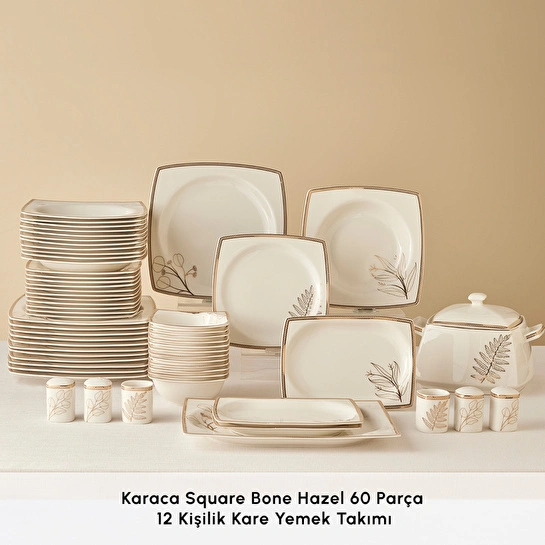 Karaca Square Bone Hazel 60 Parça 12 Kişilik Kare Yemek Takımı