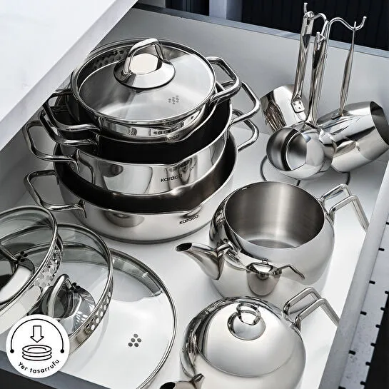 Karaca Vapor İndüksiyon Tabanlı 15 Parça Çelik Süzgeç Kapaklı Tencere Çaydanlık ve Cezve Seti