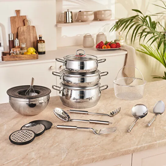 Karaca Karıştır-Pişir-Sakla 18 Parça Karıştırma Kabı ve Servis Gereçli Çelik Çeyiz Tencere Seti
