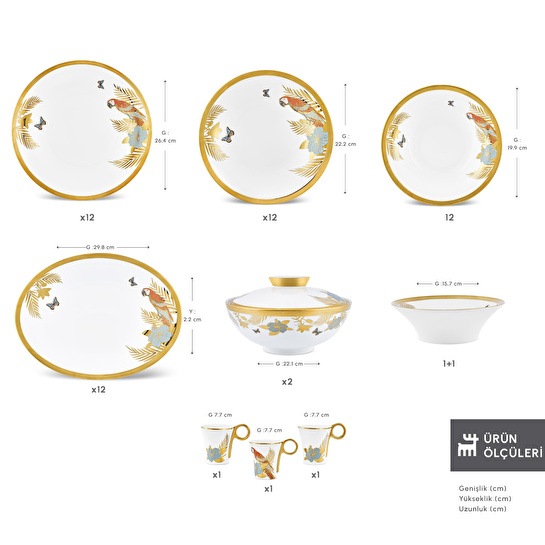 Karaca Royal Bone Golden Palms 55 Parça 12 Kişilik Yemek Takımı