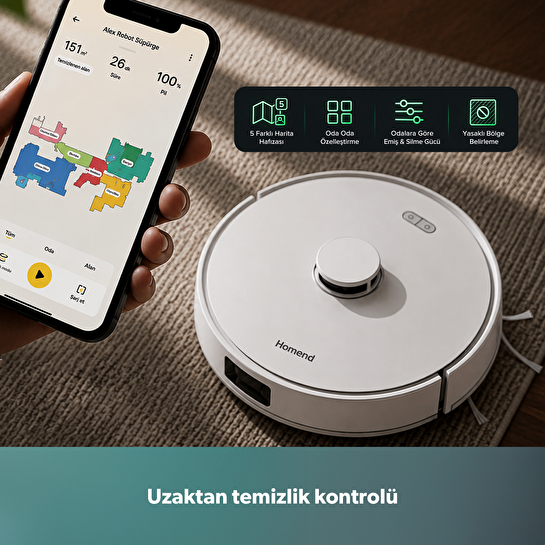 Homend Alex 30 Otomatik Boşaltım Sistemli Moplu 20.000 Pa Robot Süpürge