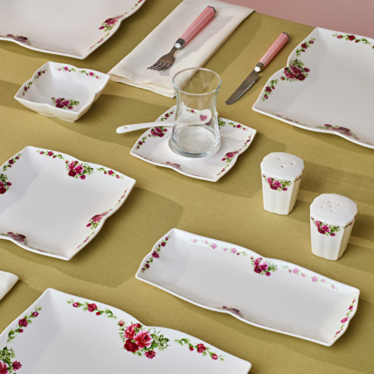 Karaca Square Bone Red Rose Kare 34 Parça 6 Kişilik Kahvaltı Seti