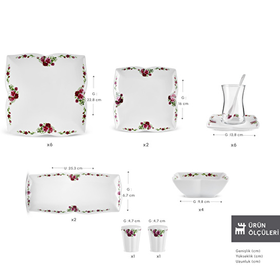 Karaca Square Bone Red Rose Kare 34 Parça 6 Kişilik Kahvaltı Seti