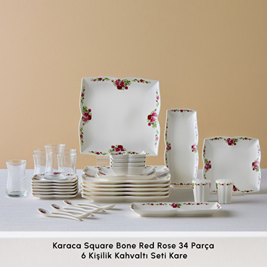 Karaca Square Bone Red Rose Kare 34 Parça 6 Kişilik Kahvaltı Seti