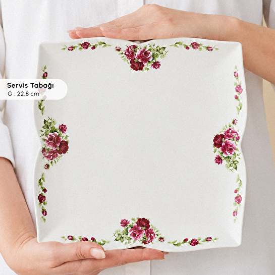 Karaca Square Bone Red Rose Kare 34 Parça 6 Kişilik Kahvaltı Seti