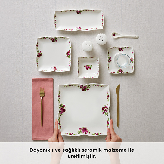Karaca Square Bone Red Rose Kare 34 Parça 6 Kişilik Kahvaltı Seti