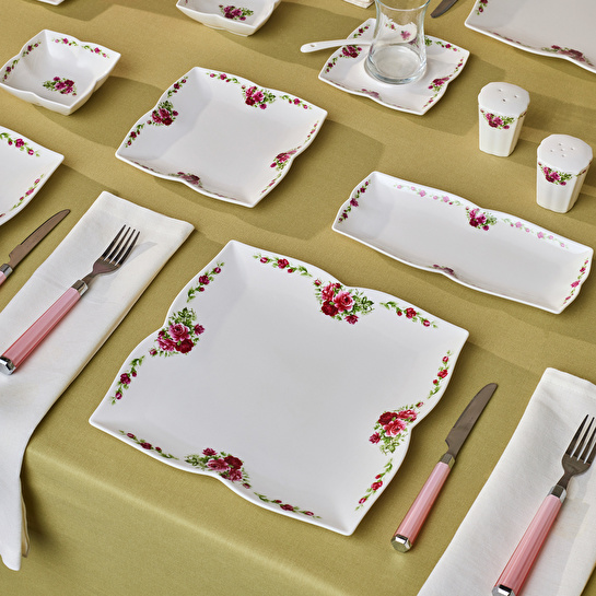 Karaca Square Bone Red Rose Kare 34 Parça 6 Kişilik Kahvaltı Seti