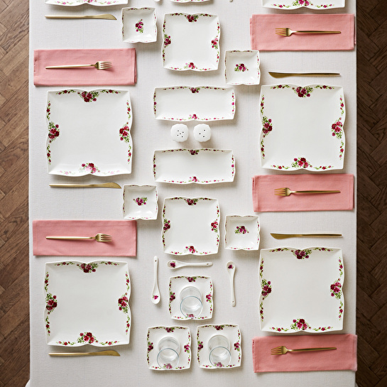 Karaca Square Bone Red Rose Kare 34 Parça 6 Kişilik Kahvaltı Seti