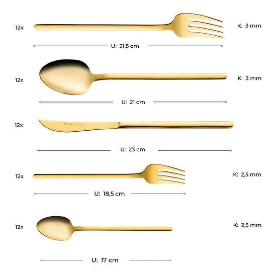 Emsan Lora Parlak Gold 60 Parça 12 Kişilik Çatal Kaşık Bıçak Takımı