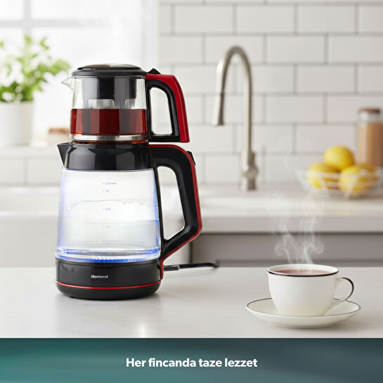 Homend Infinity XL 1764H Cam Çay Makinesi Siyah Kırmızı