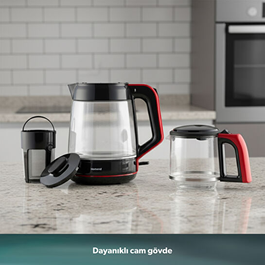 Homend Infinity XL 1764H Cam Çay Makinesi Siyah Kırmızı