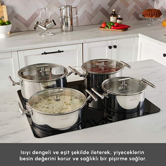 Karaca Powersteel 316+ Vanilla 15 Parça Çelik Tencere Çaydanlık ve Cezve Seti